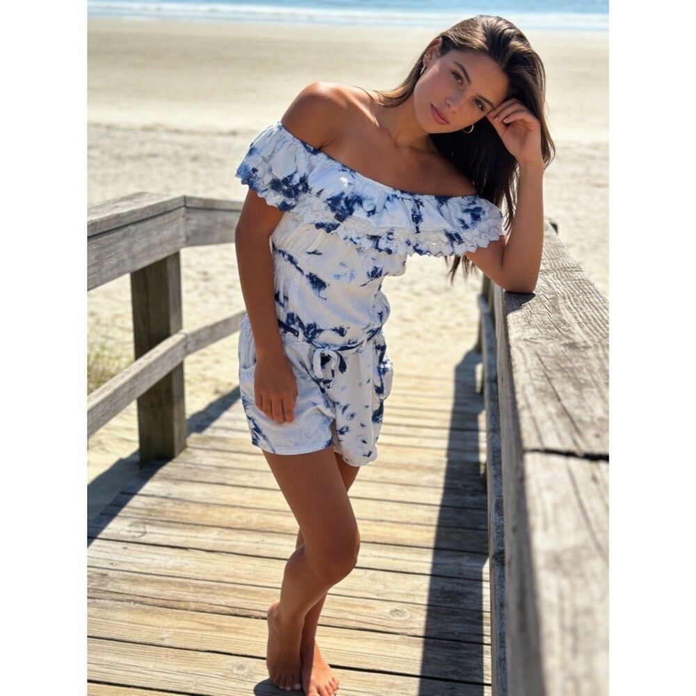 Sea Spice Resort Wear Blue White Tie Dye Off Shoulder Romper Peruvian Cotton L